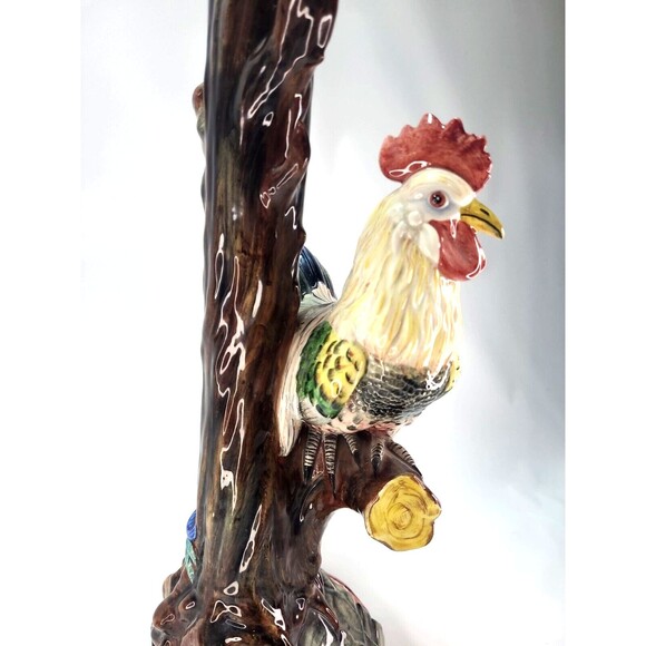 17" Italian Majolica Lamp Base Rooster & Tree Figurine Italy Hand Painted Signed - Picture 12 of 16